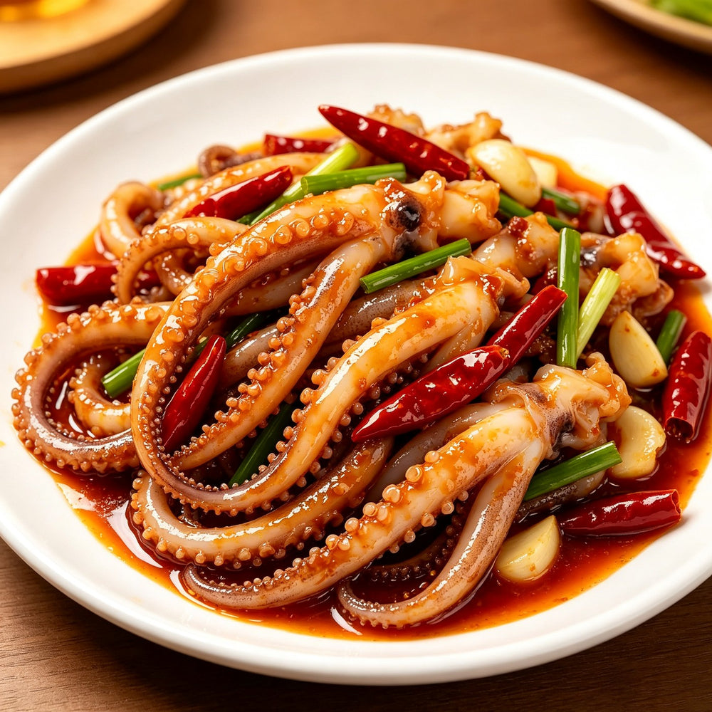 Spicy stir-fried squid tentacles on a white plate