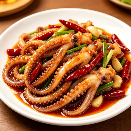 Spicy stir-fried squid tentacles on a white plate
