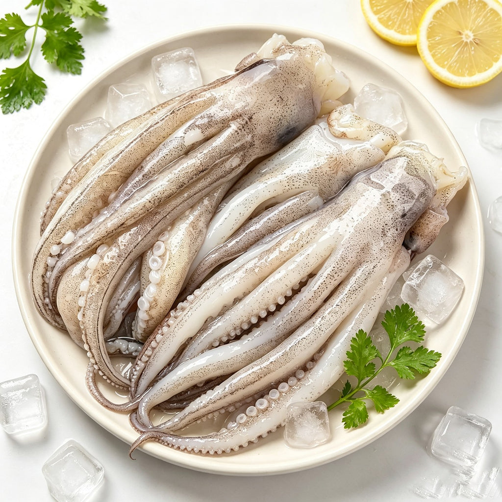 Raw squid tentacles on crushed ice with lemon