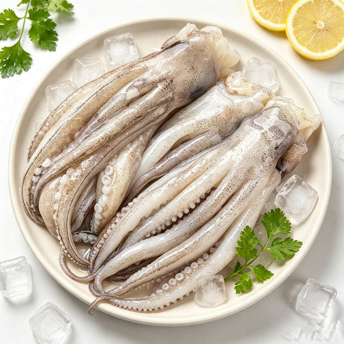 Raw squid tentacles on crushed ice with lemon