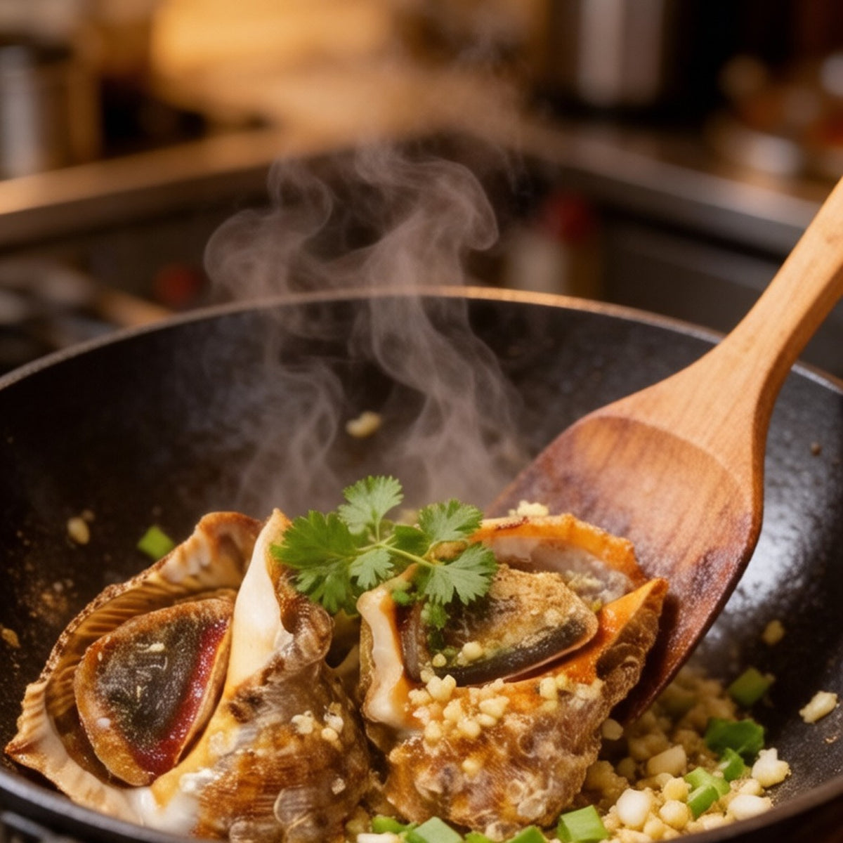Garlic stir-fried conch turning in a hot pan with steam