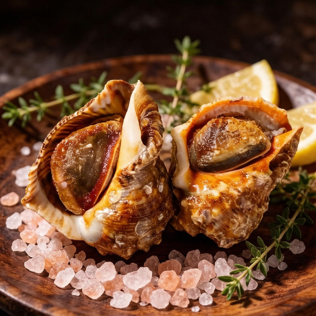 Garlic grilled conch arranged over pink salt crystals