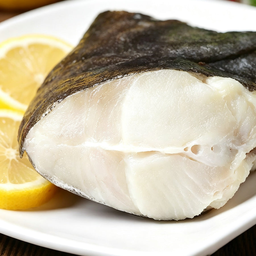 Raw halibut head with thick white flesh on a plate with lemon