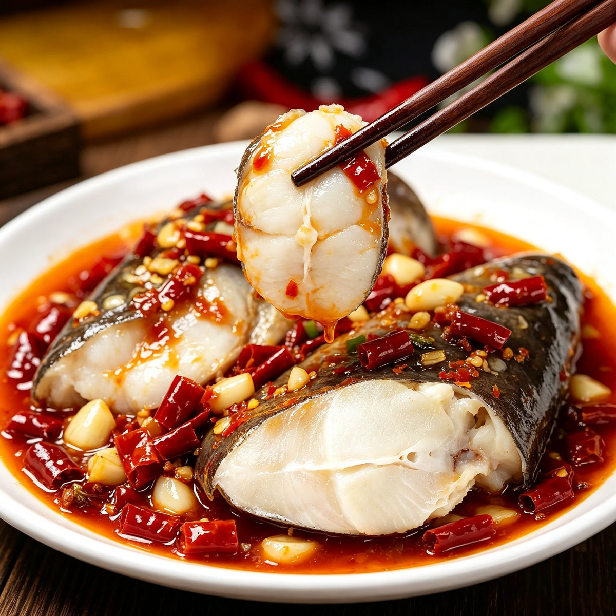 Braised fish head in chilli oil lifted with chopsticks