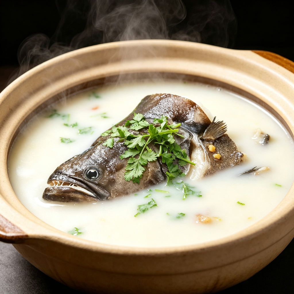 Fish head simmering in a clay pot of milky broth