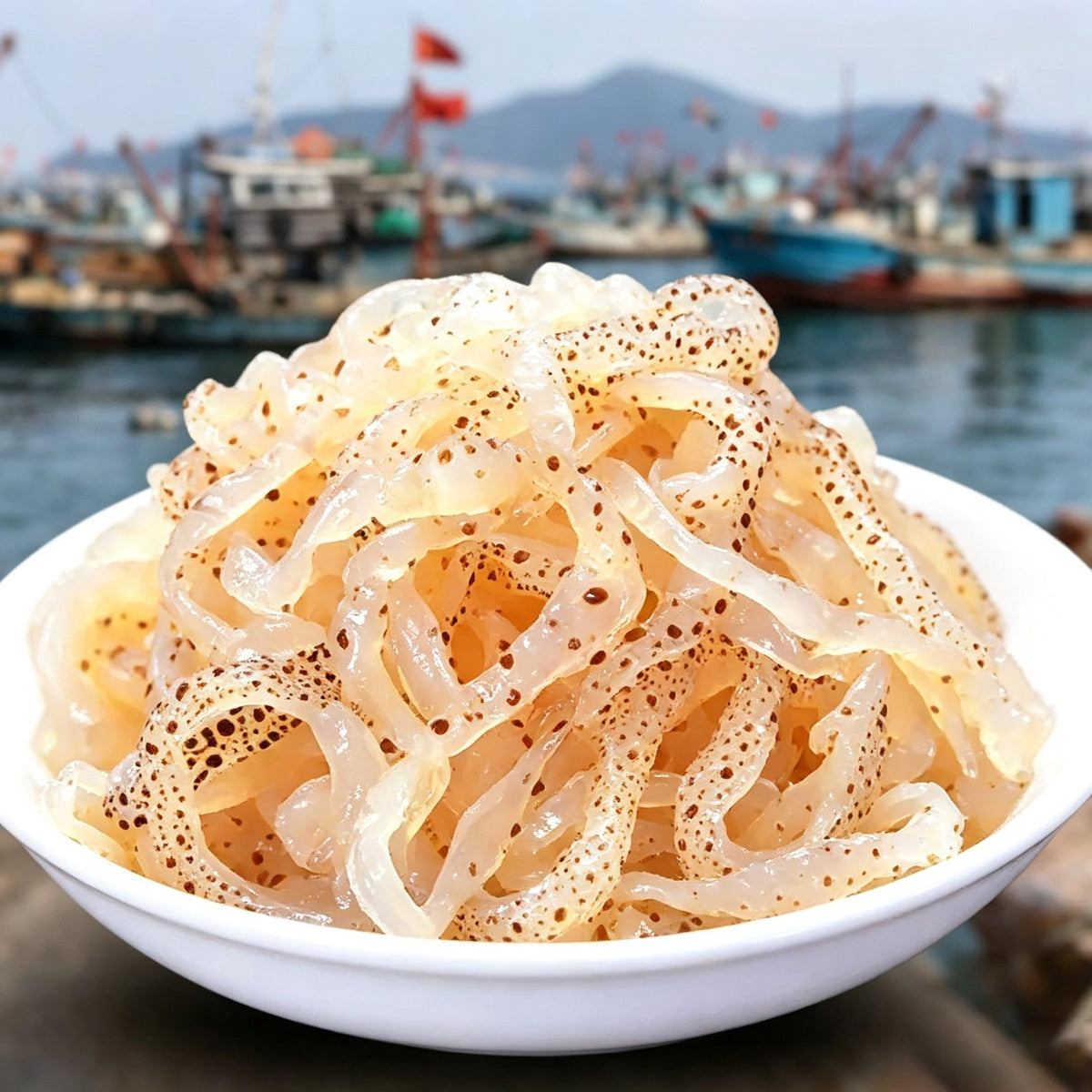 Bowl of translucent salted jellyfish strips with the harbour behind