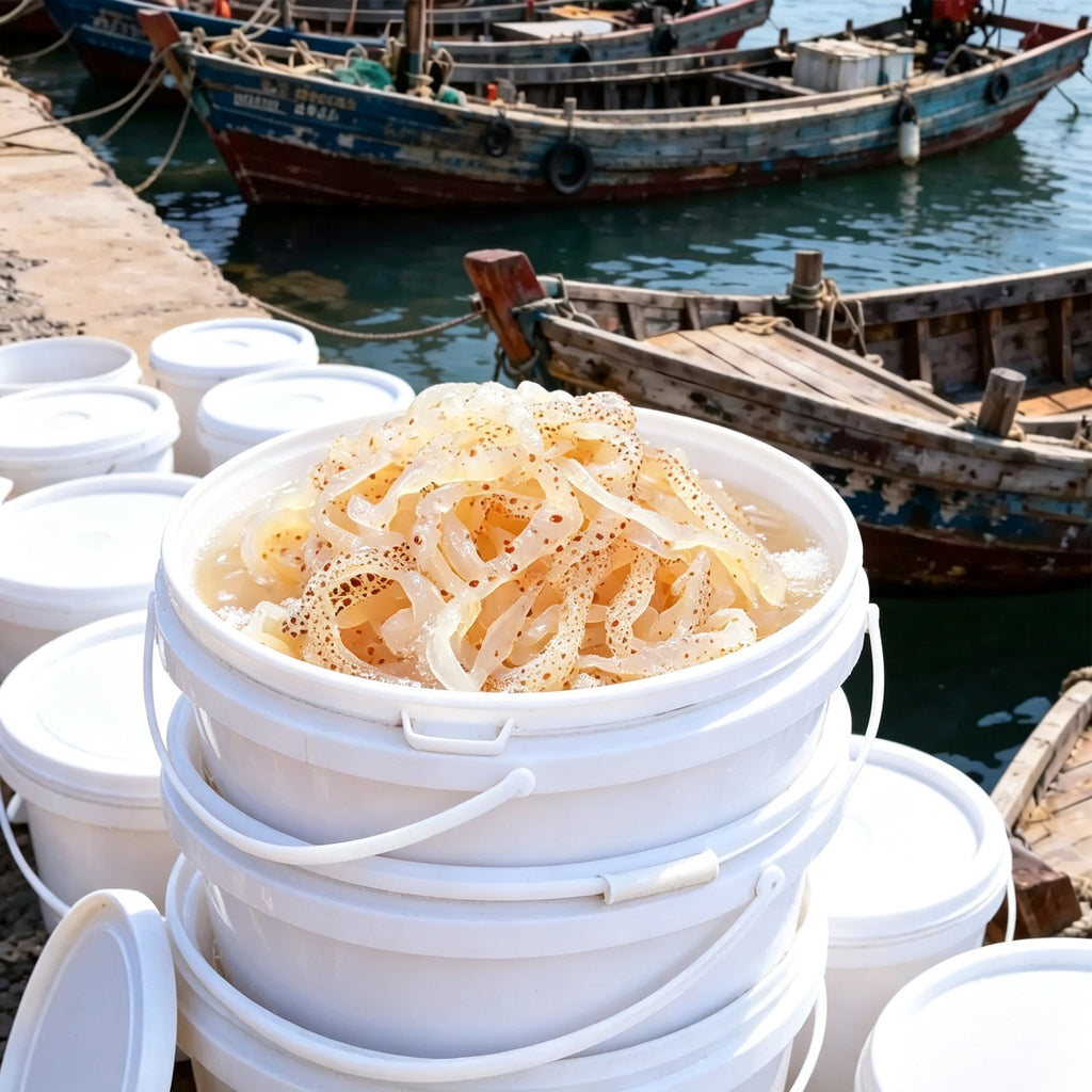 Buckets of brined jellyfish strips on a quayside
