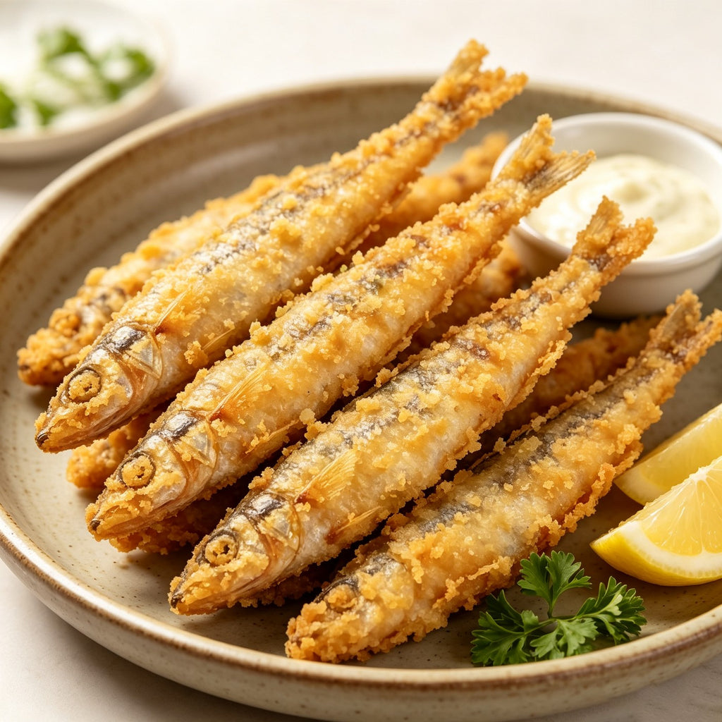Golden fried smelt piled on a plate with lemon and parsley