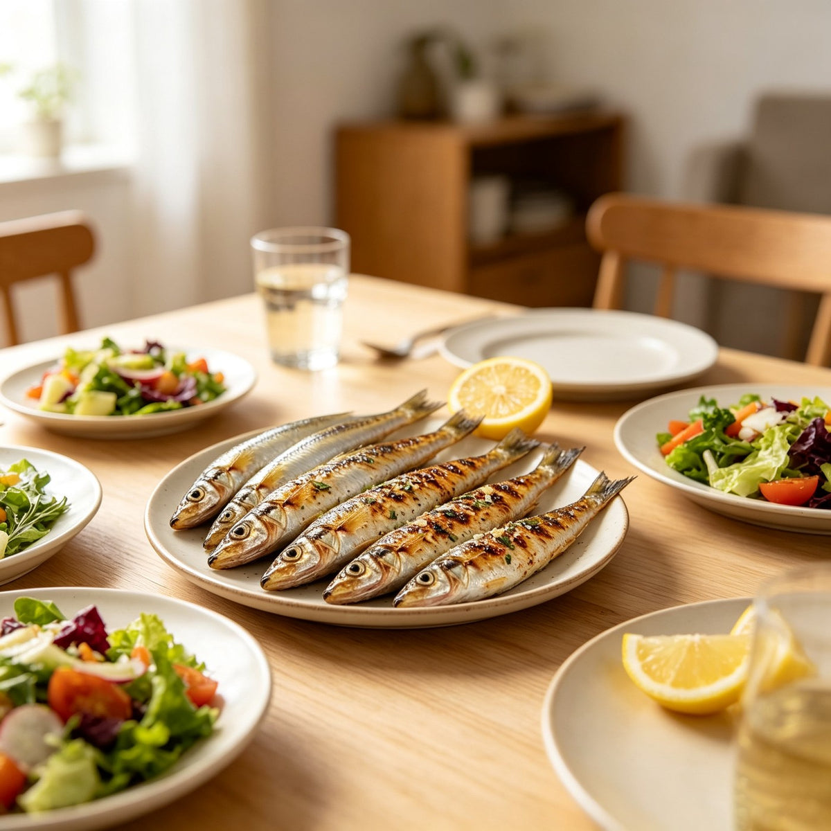 Grilled smelt plated on a set table with salads