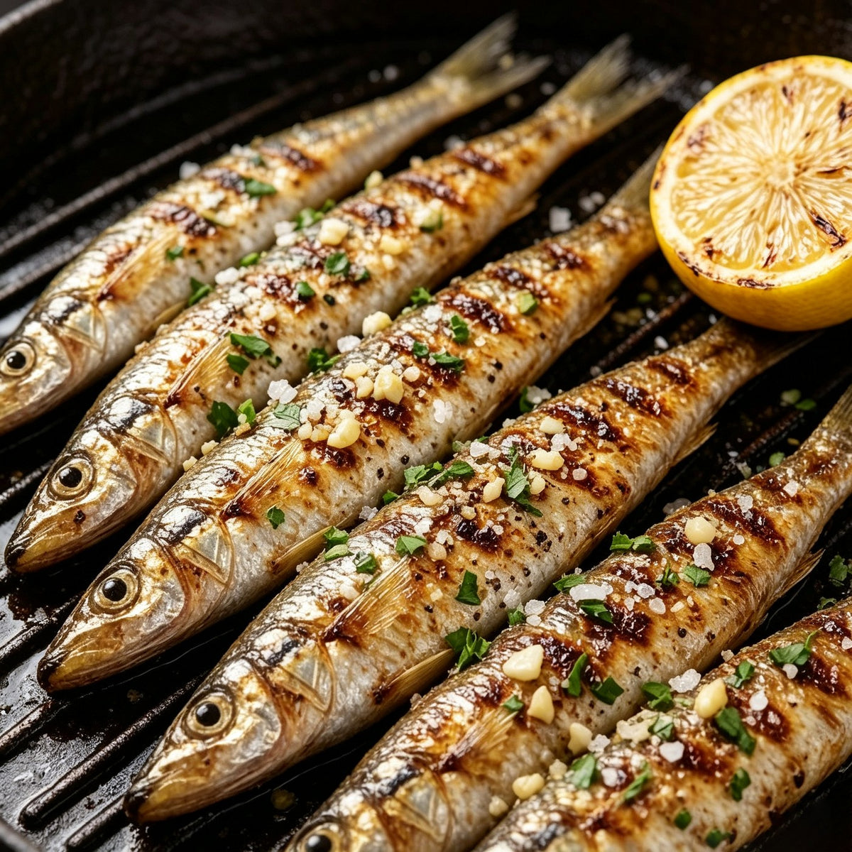 Grilled smelt on a wire rack with lemon and sesame seeds