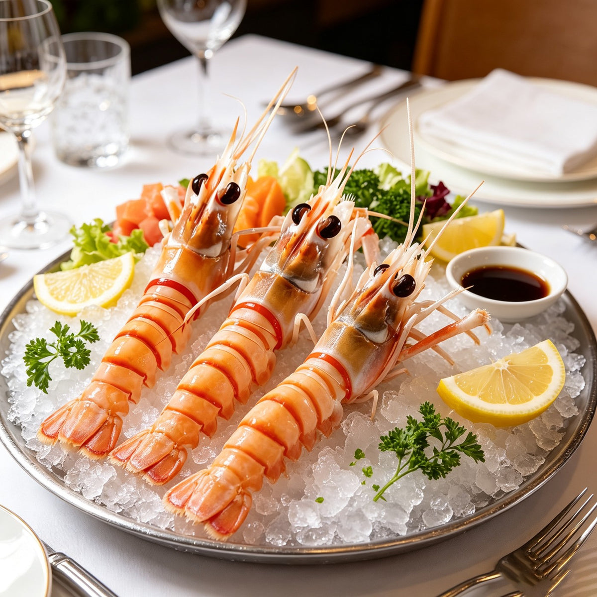 Raw scampi on crushed ice with a soy dipping sauce