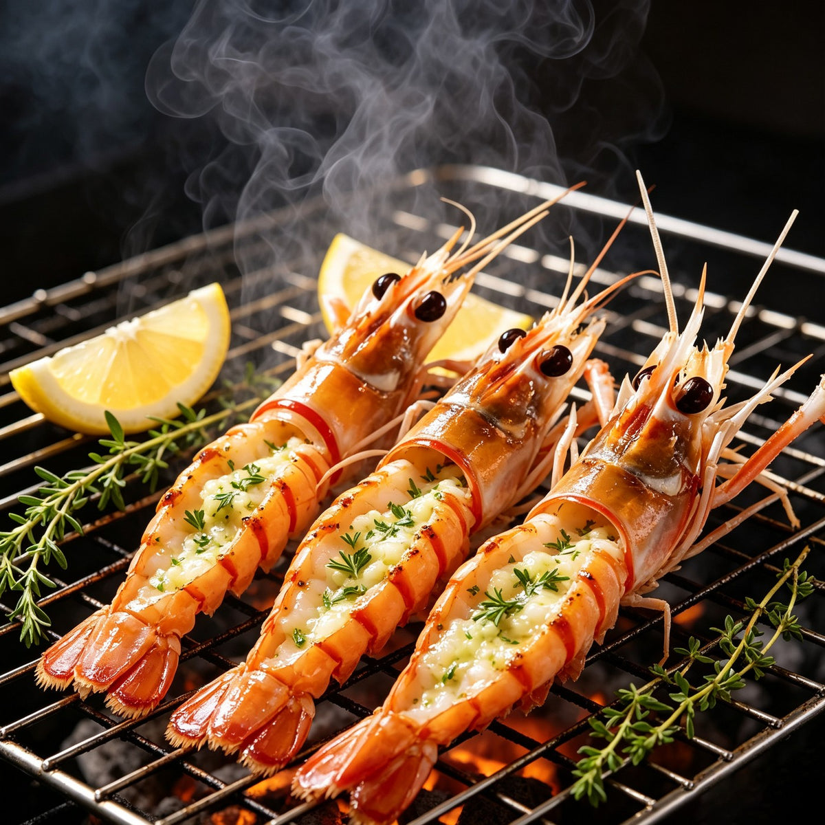 Scampi grilling on a rack with herbs and lemon