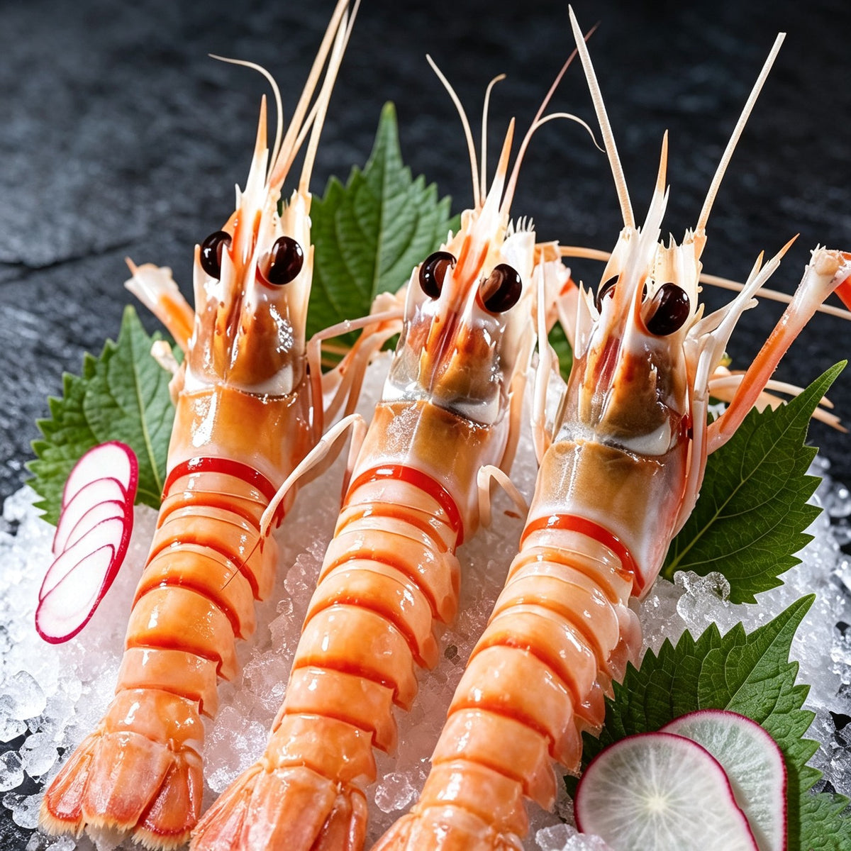 Orange scampi arranged over ice with radish and greens
