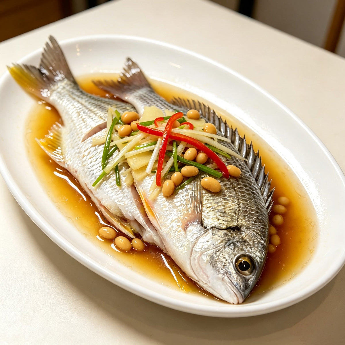 Whole bream steamed on a plate with chilli and spring onion